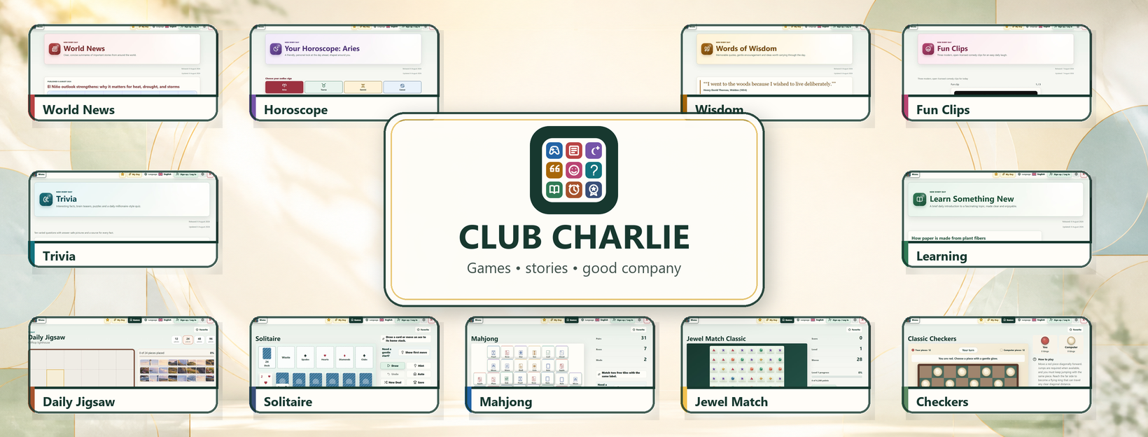 Club Charlie: a collection of daily stories, learning, trivia, solitaire, mahjong and other games.